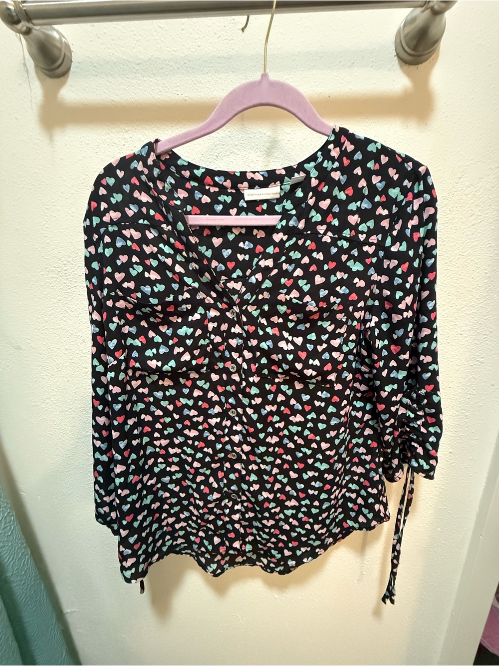 New York & Company Black Blouse with Pink and Mint Heart Print
